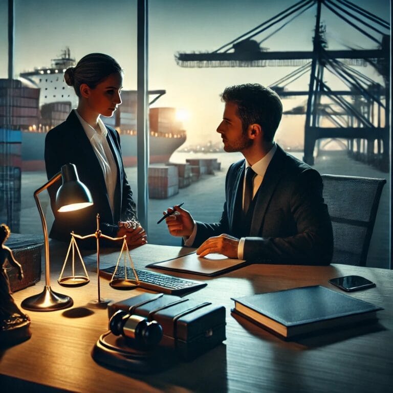 DALL·E 2024 07 19 21.57.18   A modern law office setup at a harbor during dusk, with a lawyer in a professional suit advising a client at a desk filled with legal documents and a