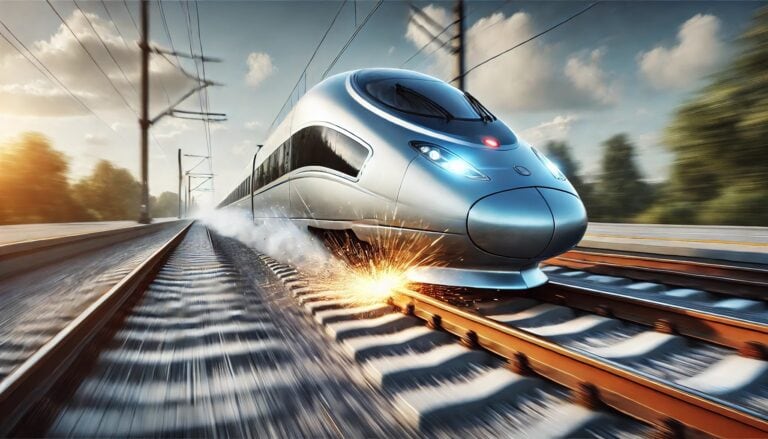 DALL·E 2024 07 26 18.34.47   A modern high speed train abruptly stopping. The train is sleek and futuristic, with motion blur showing its high speed before the sudden stop. Sparks