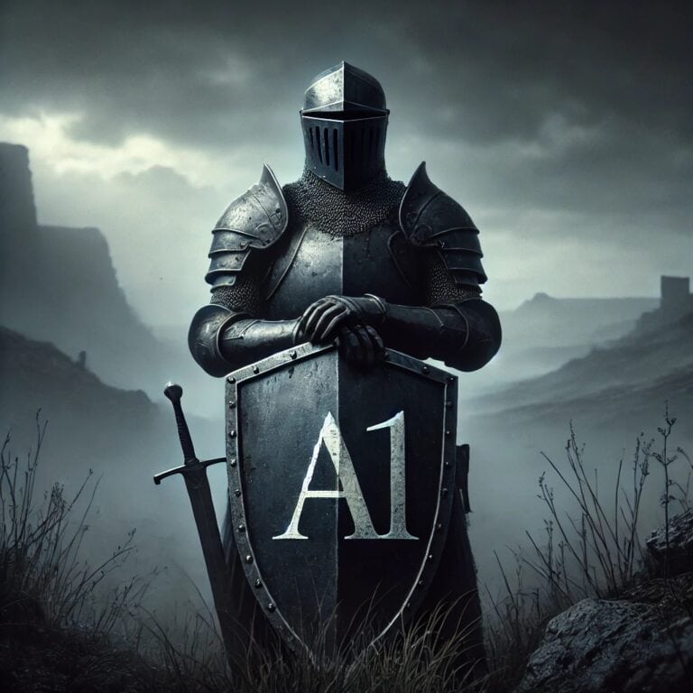 DALL·E 2024 08 12 23.01.48   A knight stands in a dark, mysterious landscape, holding a shield with the letter 'A1' prominently displayed on it. The sky is overcast with dark clou