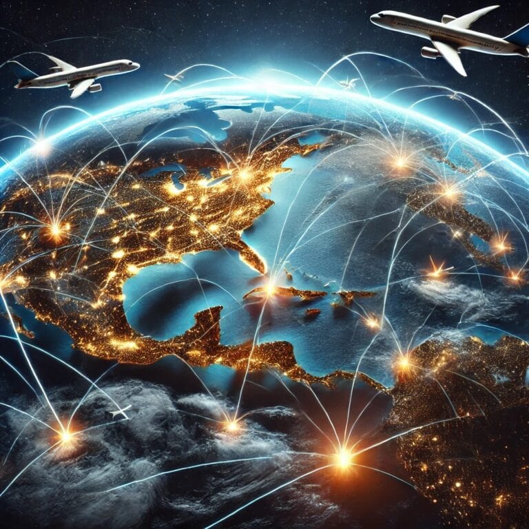 Ein leuchtender Globus bei Nacht mit Flugzeugen, die durch vernetzte Lichtlinien fliegen.