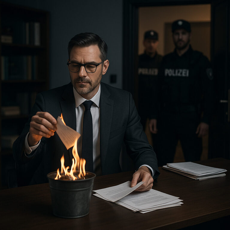 Ein Mann im Anzug verbrennt Papiere in einem Eimer, hinter ihm stehen zwei Polizisten.