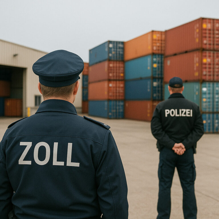 Zoll- und Polizeibeamter vor bunten Containern; konzentriert dreinschauend