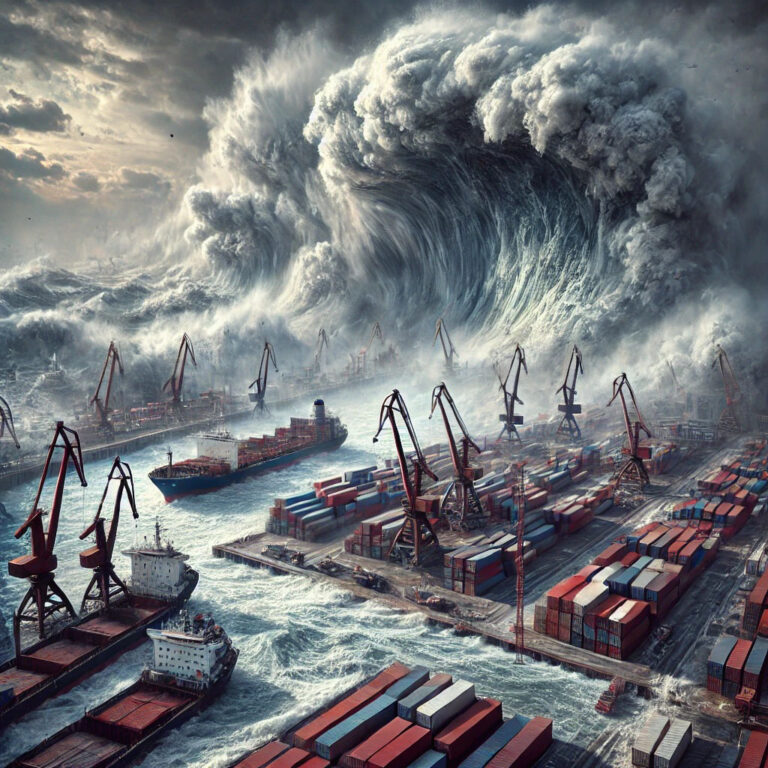 Ein massiver Tsunami bedroht einen Hafen voller Schiffe und Container.