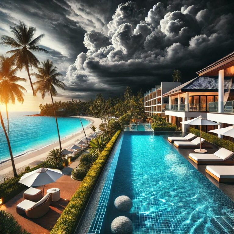 Luxuriöser Strandresort bei Sonnenuntergang, dramatische Wolken im Hintergrund.