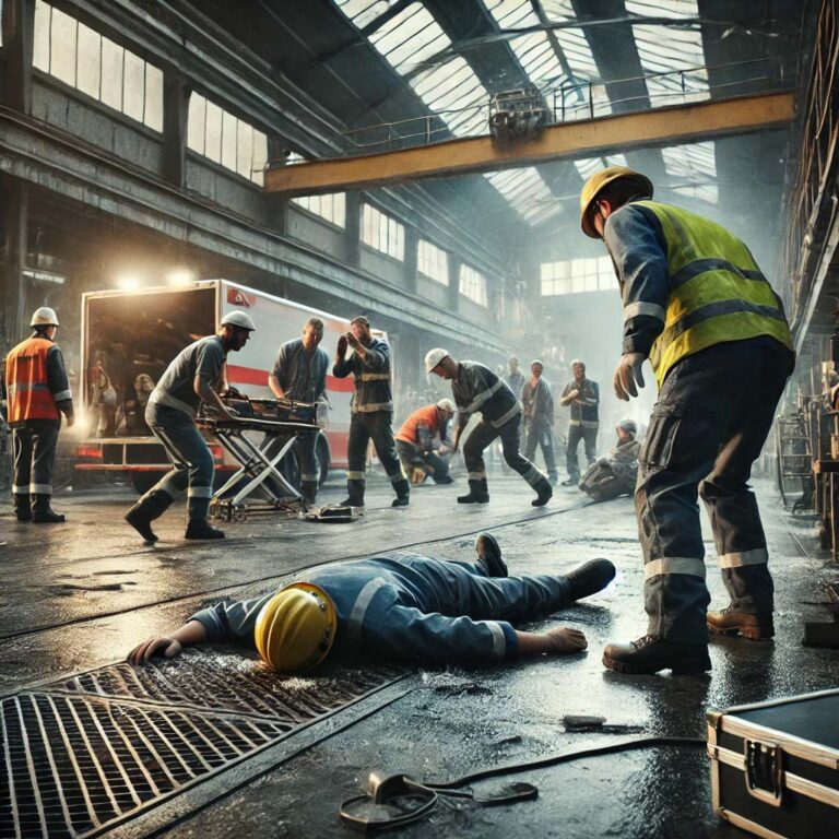 In einer Fabrikhalle liegt eine Person in Schutzkleidung am Boden, umgeben von Arbeitern und einem Rettungswagen.