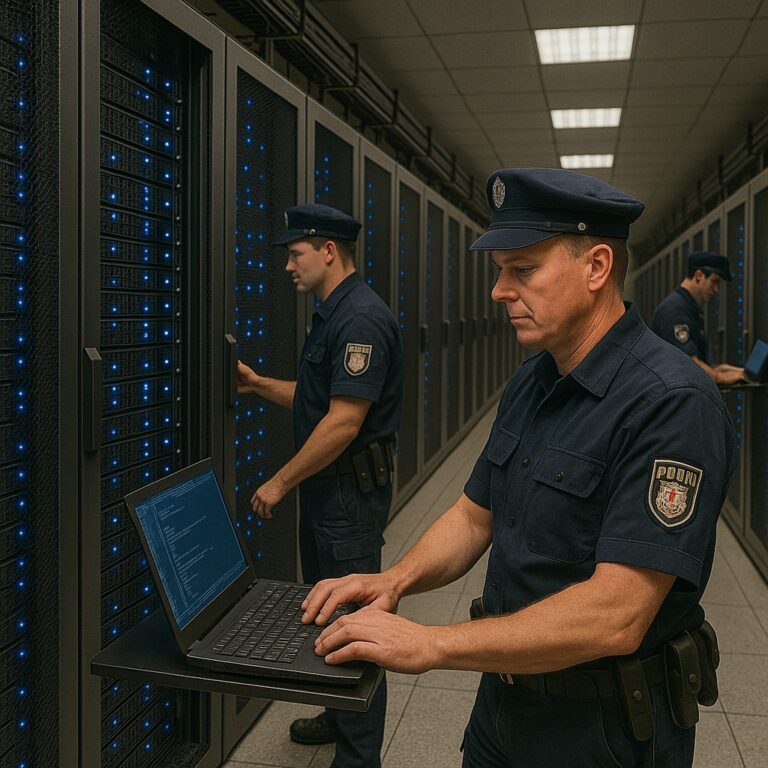 Polizisten in Uniform, ernst, arbeiten in einem Serverraum mit blauen Lichtern und Laptops.