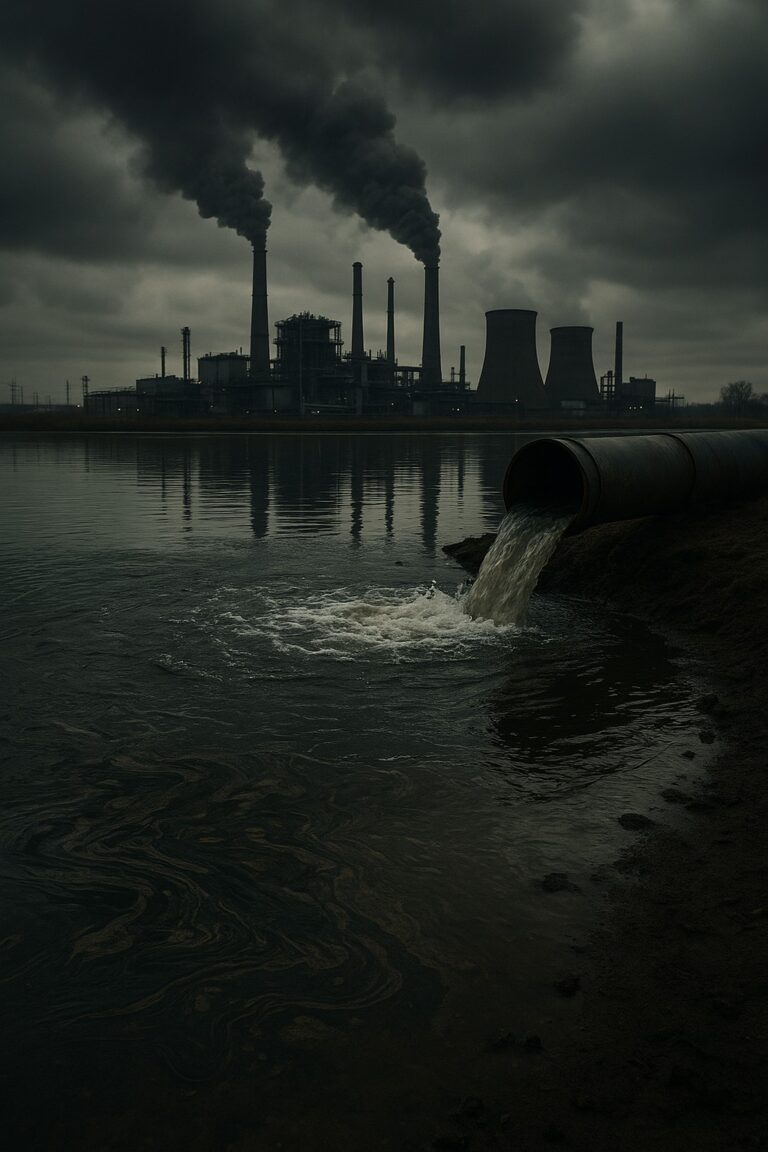 Eine düstere Fabrik mit rauchenden Schornsteinen und Abwasser in einen Fluss.