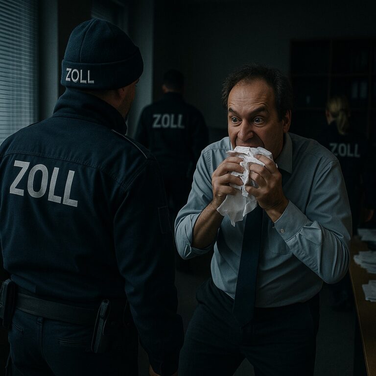 Ein Mann schaut panisch, während er einen Gegenstand im Büro kaut.