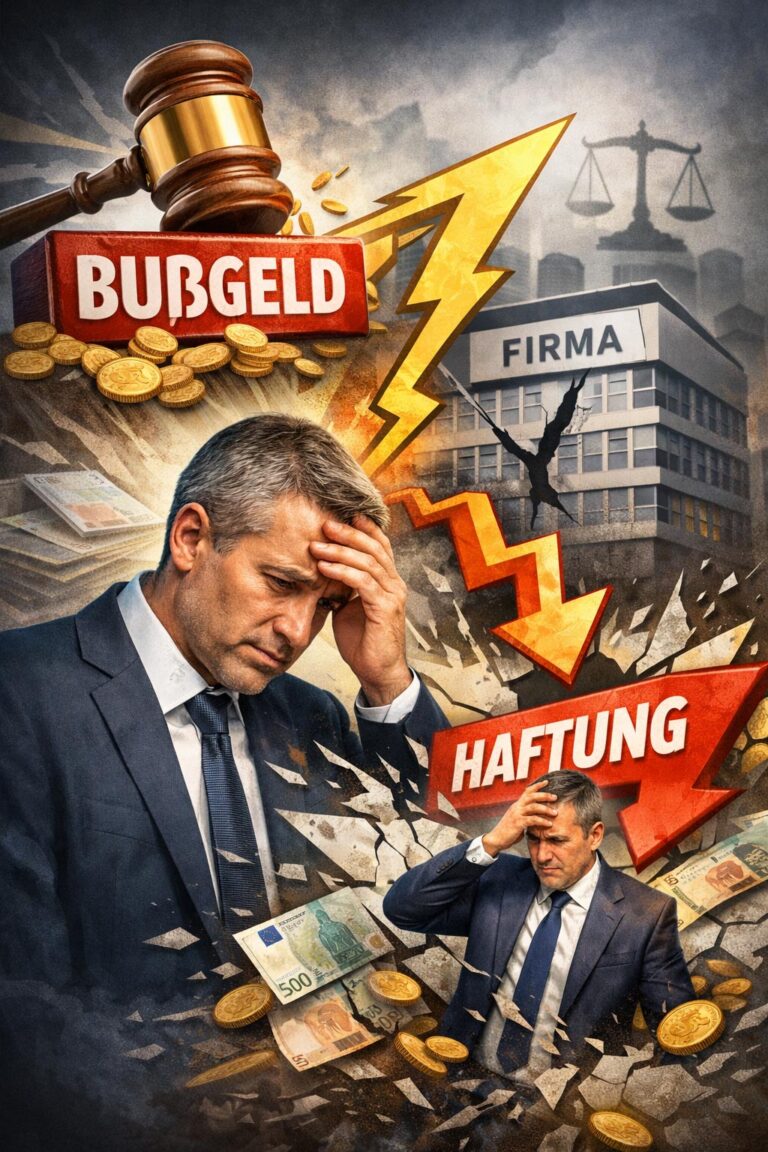 Nachdenklicher Geschäftsmann im Anzug mit Geld, Farbtönen in Grau und Rot, Gerichtssymbole und gelbem Blitz