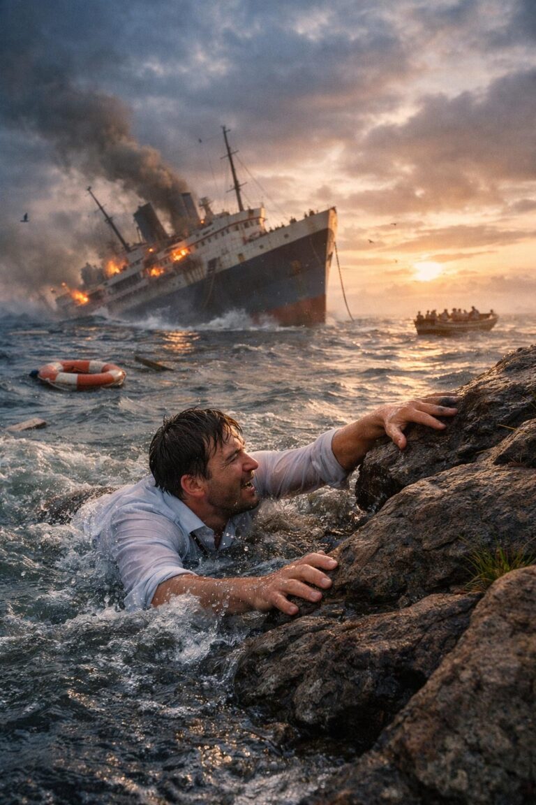 Ein nasser Mann mit verzweifeltem Gesichtsausdruck klammert sich an Felsen im Meer mit einem brennenden Schiff und Rettungsboot im Hintergrund